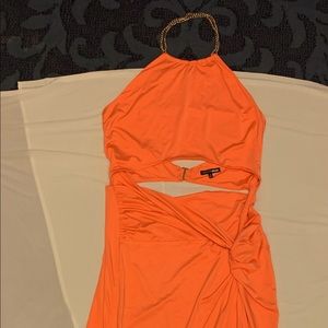 Halter chain, high slit ruched backless dress